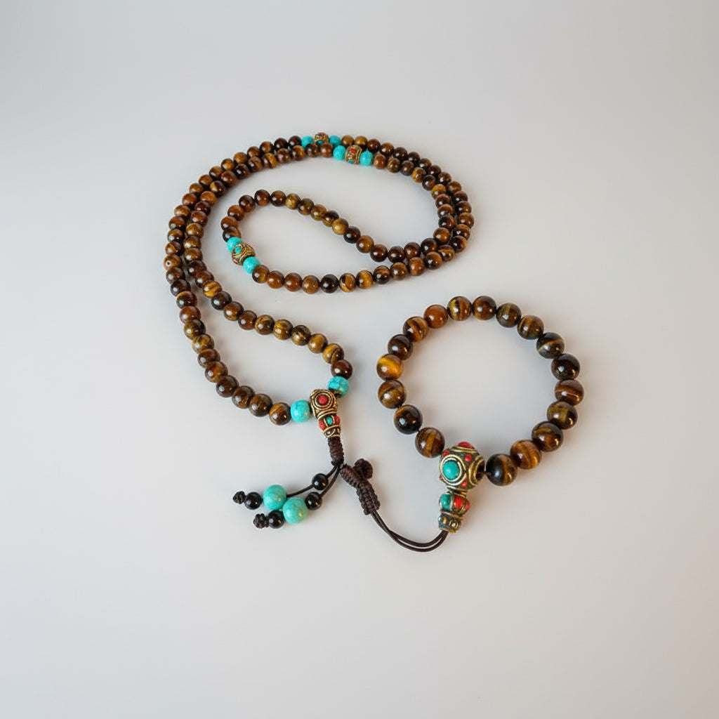 Tigerauge-Mala Halskette und Armband-Set