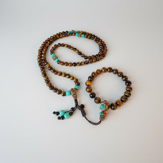 Tigerauge-Mala Halskette und Armband-Set
